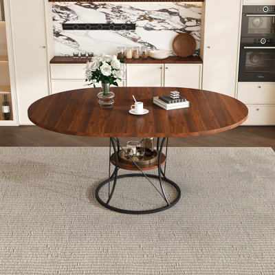 Table ronde extensible de 43 à 59 pouces pour la maison, placage en noyer brun avec cadre en métal noir, fermoir multi-points, contreventement triangulaire, rangement dans les tons foncés, surface facile à nettoyer, pas de chaises, style minimaliste