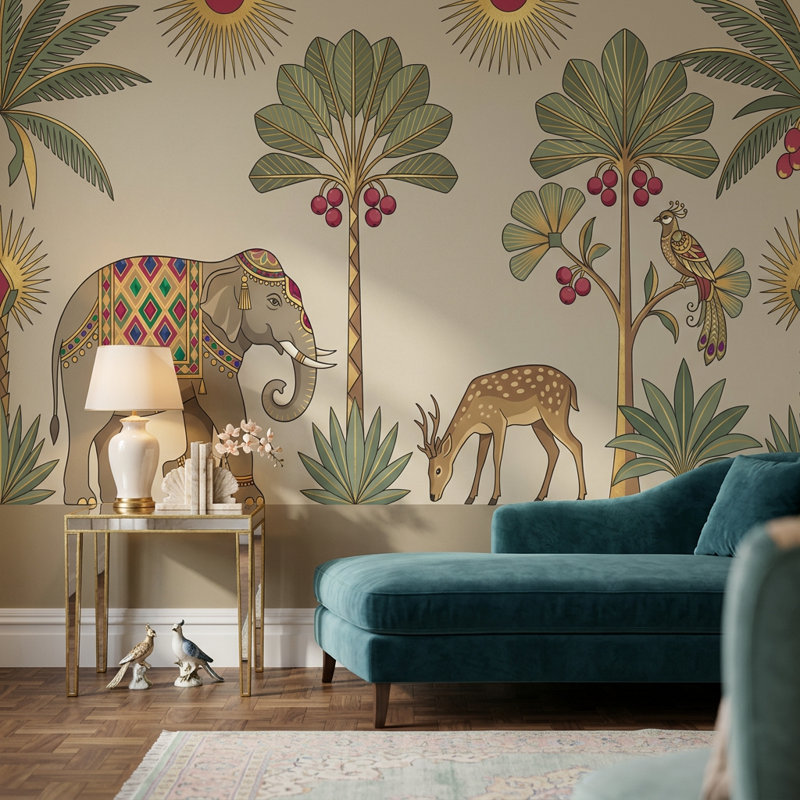Papier peint décoratif éléphant sur fond beige, 160 po x 108 po, Non tissé