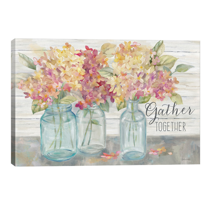 Farmhouse Hydrangeas In Mason Jars Spice - Gather by Cynthia Coulter - Painting on Canvas, 20.32 cm H x 30.48 cm W