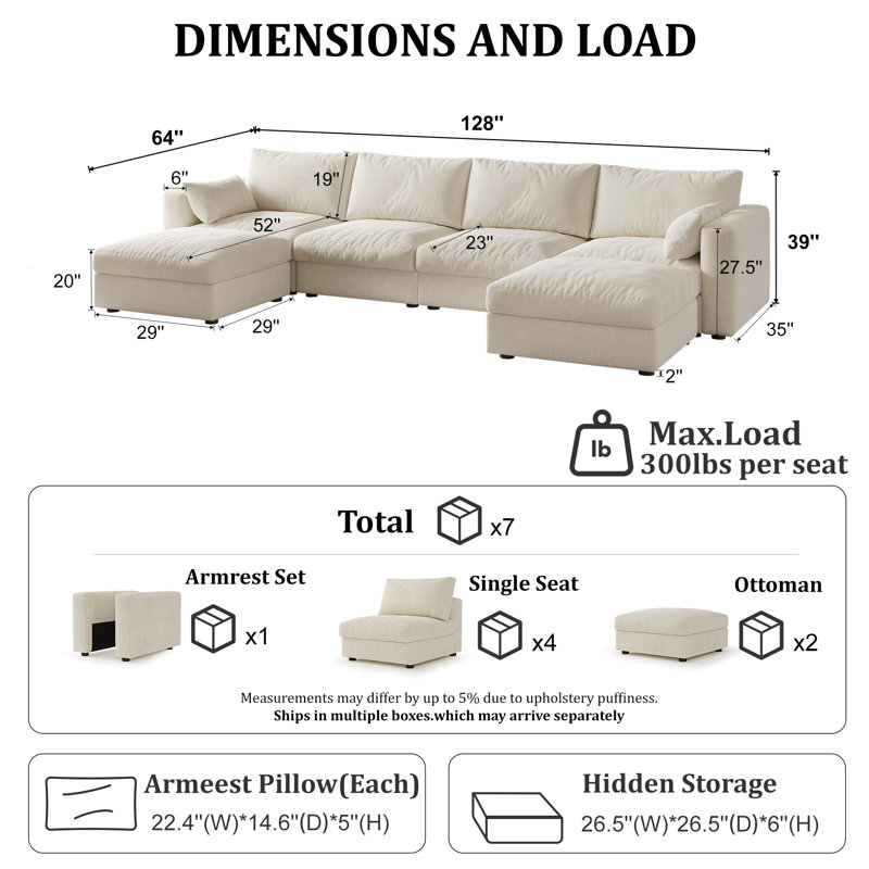 128" Sectional Modular Sofa With Storage, Beige Chenille, 39" H x 128" W x 64" D 