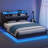 Floating Bed Frame with LED Lights, Charging Station, Tufted Storage Headboard, No Box Spring Needed-1130686581-1130686576
