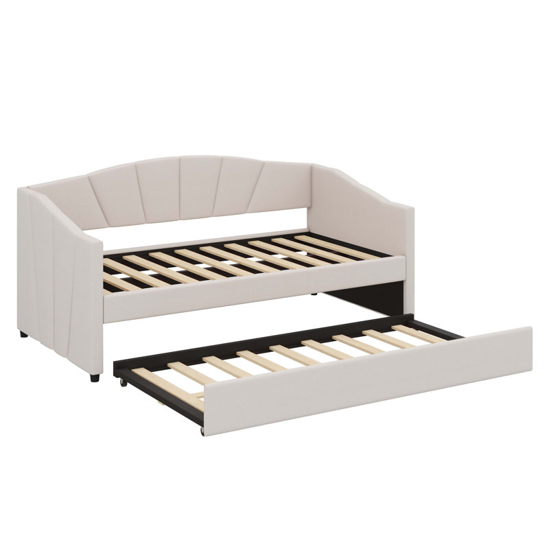 Twin-Size Upholstered Sofa-Style Daybed With Under-Bed Trundle, Beige