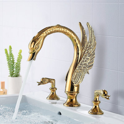 Gold Widespread Swan Bathroom Sink Faucet 3-Hole 2 Handles Deck Mount Mixer Tap -  Nabiyy, 63-JDN9