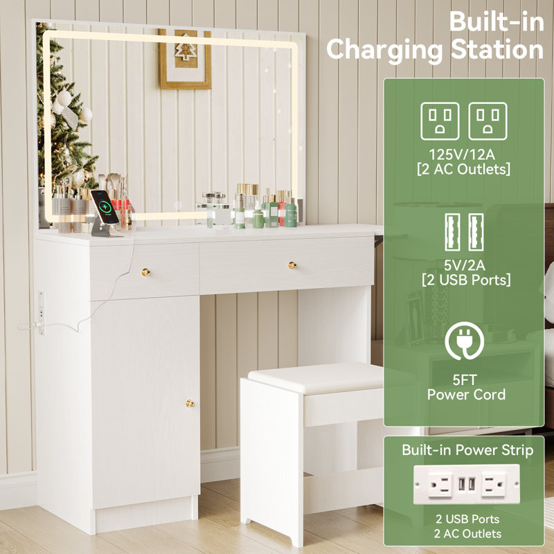 Vanity Desk With Mirror And Lights, Makeup Vanity Table Set With Charging Station & 2 Drawers And Foldable Table Extension Board, Bedroom Dressing Set With Chair, 3 Lighting Colors, White
