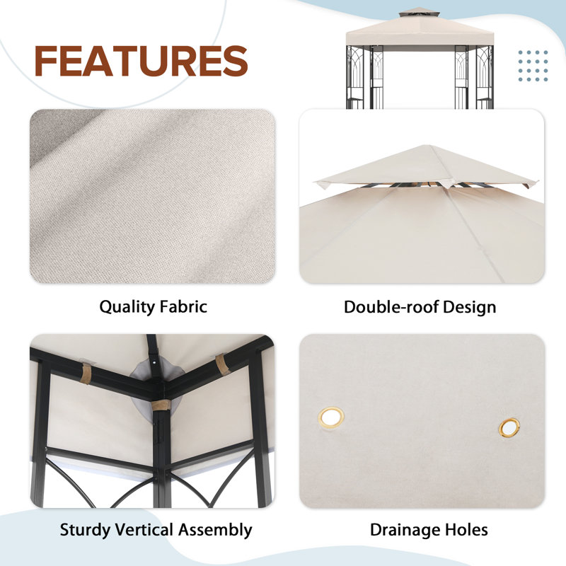 Beige Powder Coated Steel Patio Gazebo with Double Roof