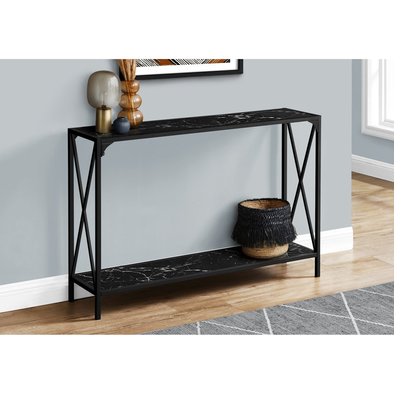 Console en métal noir avec surface d'aspect marbre et tablettes rectangulaires pour chambre à coucher, cadre contemporain, cadre supérieur, couloir