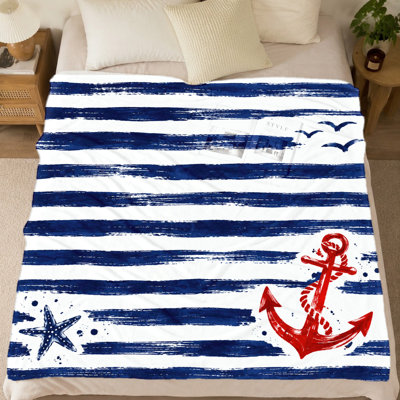 Couverture en flanelle imprimée ancre et étoile de mer (1 pièce) – Une face ; design artistique, confortable et chaleureux ; lavable à la machine ; idéale pour se détendre au salon ; offert en plusieurs tailles ; parfaite pour les voyages et le camping ; une excellente idée de cadeau.