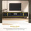 Élégante meuble télé 85 po, tablette ouverte, armoires, tiroir, support pour téléviseur noir et doré, agencement de couleurs dorées, nombreuses options de rangement, construction