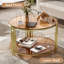 Table basse moderne en verre brun, métal asymétrique, base cylindrique en métal, finition dorée et tablette inférieure