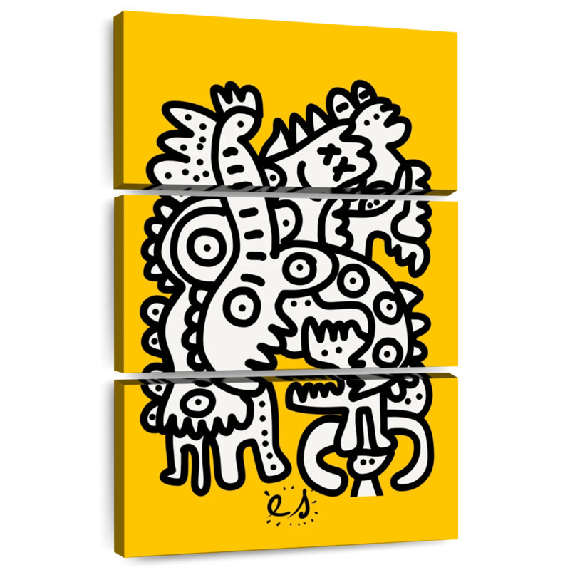 Ashelle graffiti noir et blanc sur fond jaune, H 50 po x l 32 po