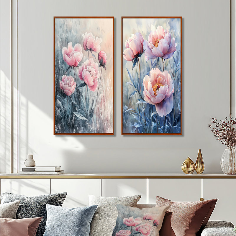 Frosty champ pivoines élégance I - Art mural floral, collection 2 panneaux, H 28 po x l 25 po, Cadre flottant brun