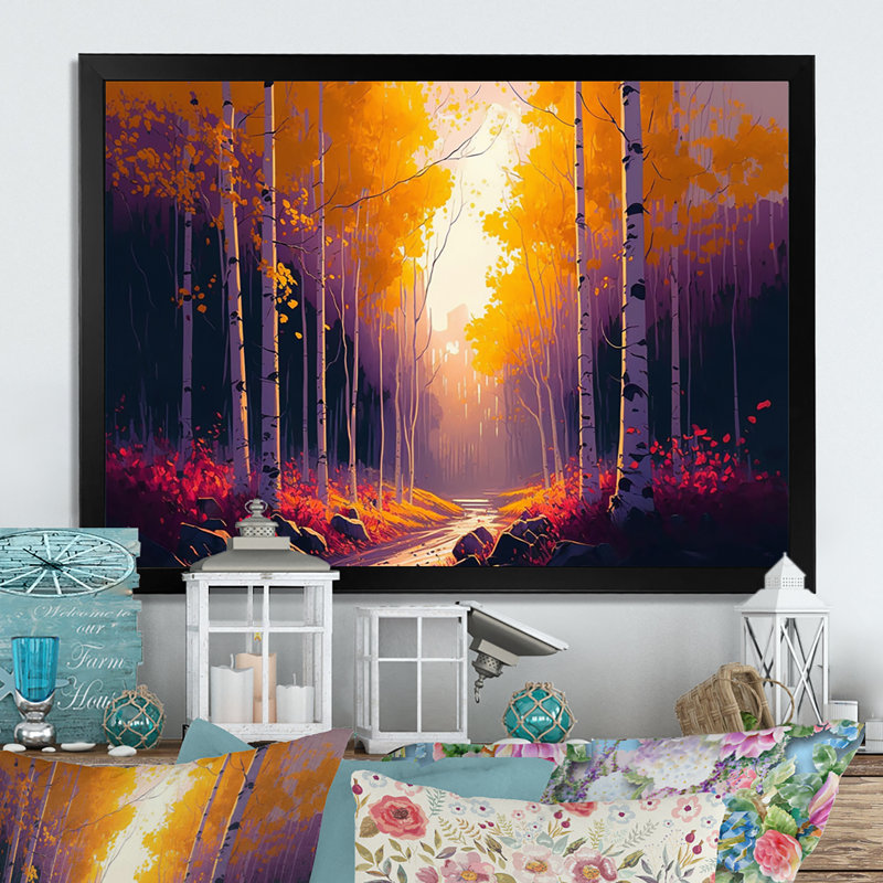 Golden Hour Birch Trees III - reproduction sur toile, H 12 po x l 20 po x P 1 po, Impression noire sur toile encadrée
