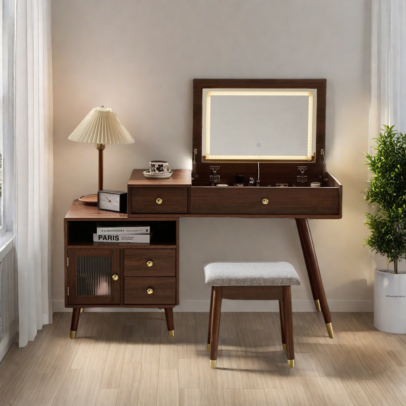 Bureau de coiffeuse 3-en-1 avec miroir basculant éclairé, armoire réglable, tiroirs et tabouret, Noyer