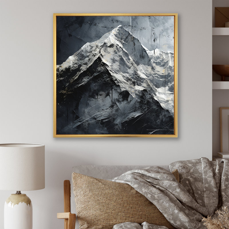 Snowy Mountain Peak sur toile, Cadre flottant doré, H 16 po x l 16 po x P 1 po