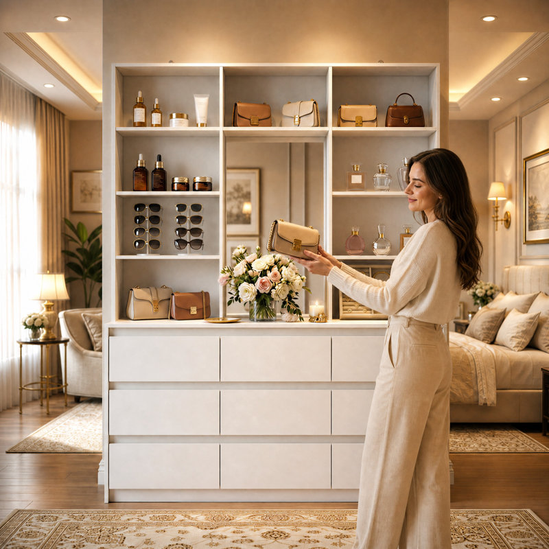 63" W Bedroom Wardrobe Organizer with Built-in Mirror, 9 Drawers & 7 Open Shelves