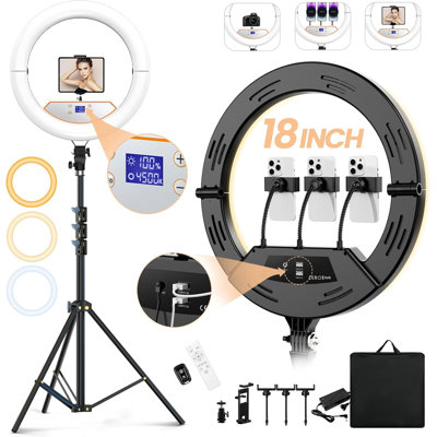Anneau lumineux professionnel 18 "à DEL avec support - à intensité variable 2700K-6500K, 4 supports pour appareils, 2 ports USB, télécommande Bluetooth pour la photographie en direct de tatouer le maquillage