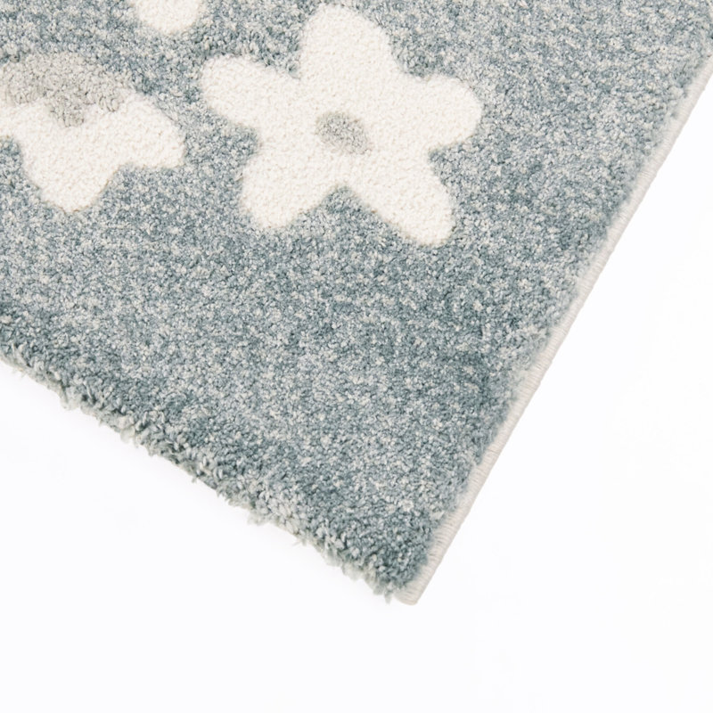 Tapis Perséphone à bordure florale bleue, 7 pi 10 po x 10 pi