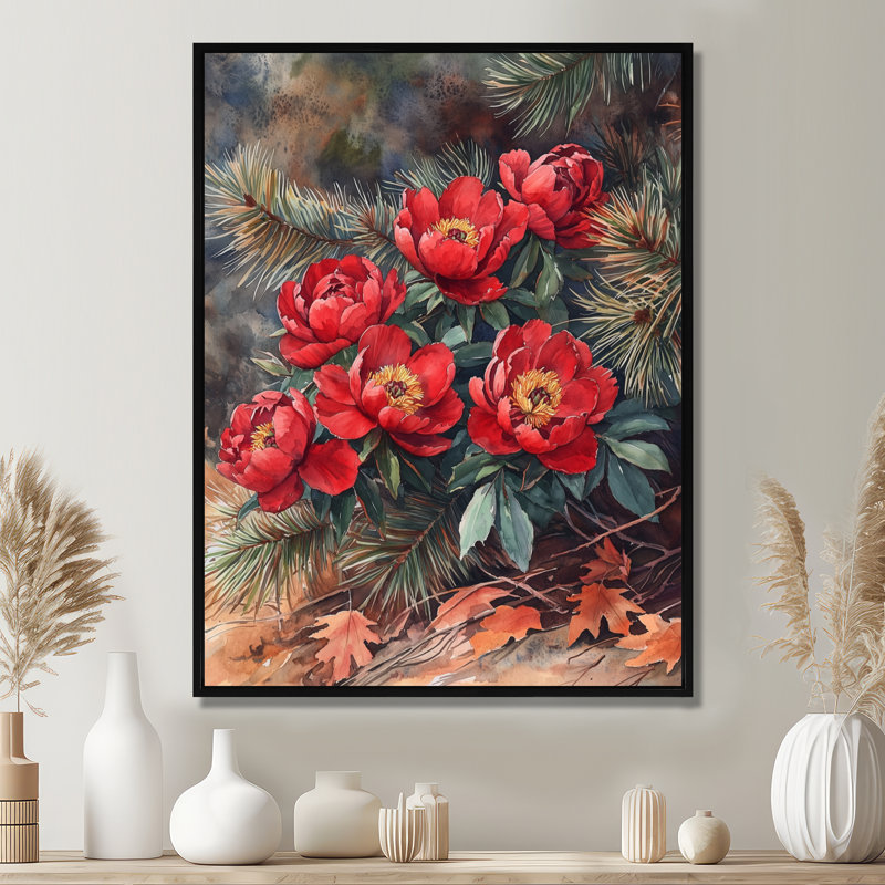Pe pivoines parmi les pins d'automne III - pivoines, reproduction sur toile encadrée, H 20 po x l 12 po, Noir