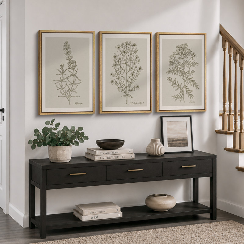 Minimal Botanical "Duotone Beige Green Classic Artwork, Simple Neutral Botanical Wall Pictures, Large Framed Canvas Giclee Print 3 Pieces Wall Art Set"  16"x24"x3 pcs, 24"x36"x3 pcs