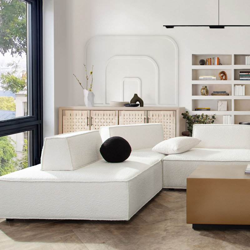Cara 3-Piece Square Modular Lounger In Ivory Boucle Fabric W/ Moveable, Non-Skid Backrest