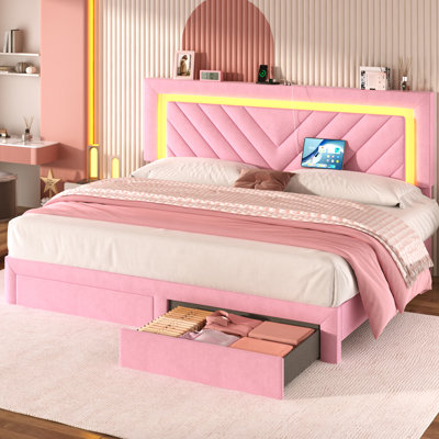 Upholstered King Size Bed Frame With Adjustable Charged LED Headboard And Storage Drawers, Pink