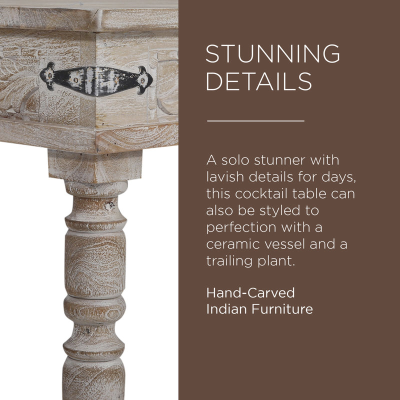 Emin Natural Mango Wood Rectangular Coffee Table with Carved Details