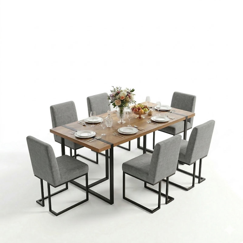 7-Piece Modern Rectangular Dining Table Set For 6 With Upholstered Dining Chairs, Gray