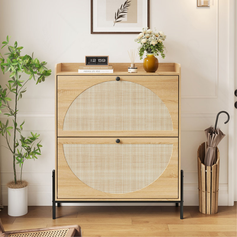 2-Drawer Wooden Shoe Cabinet With Rattan Doors / Narrow Freestanding Storage Organizer For Entryway, Bouguer Walnut