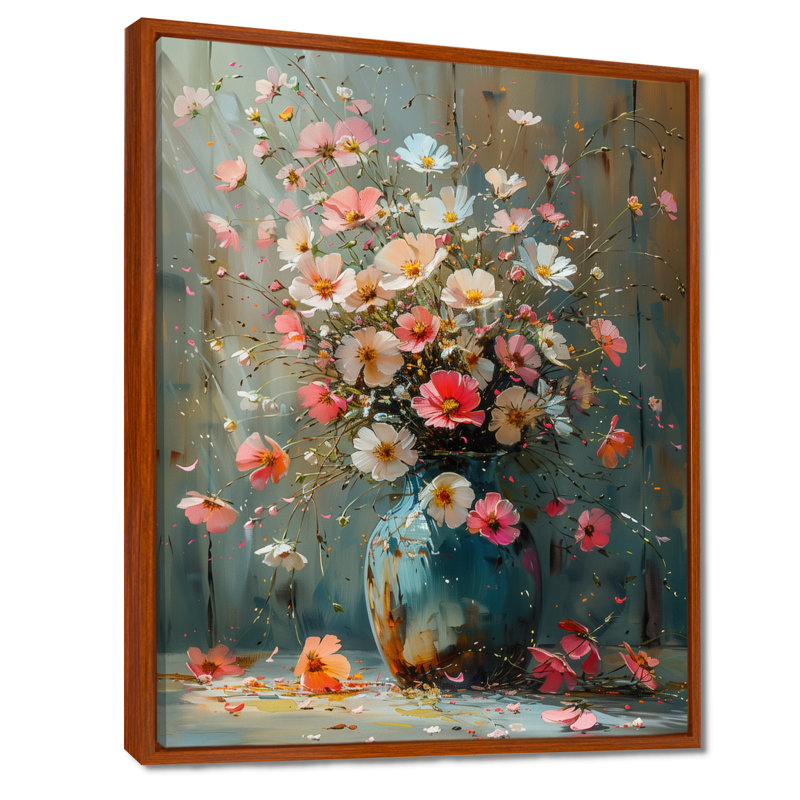 Rose et blanc, bouquet d'or dans un vase III - Buttercups, impression d'art mural, Toile avec cadre flottant brun