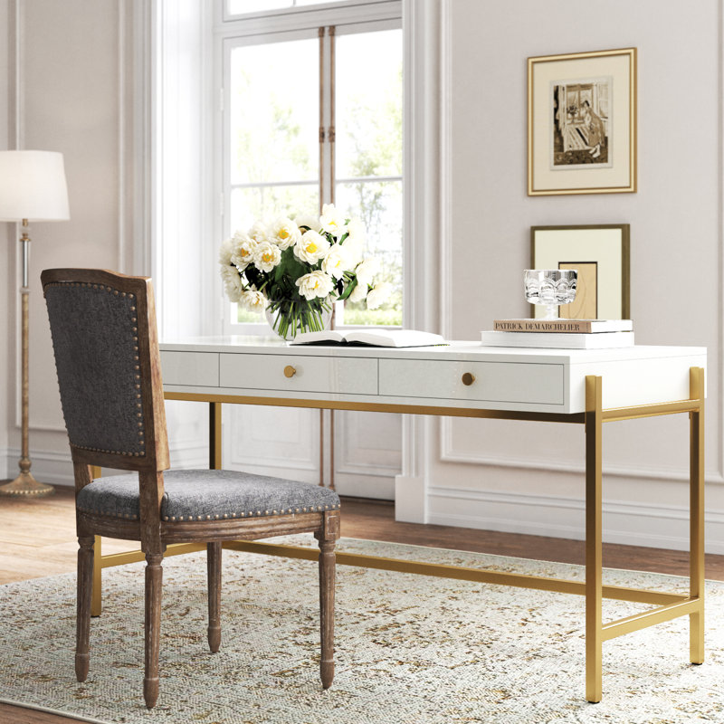 Bureau rectangulaire Doreen, H 30 po x l 64 po x P 26,3 po, Blanc / or
