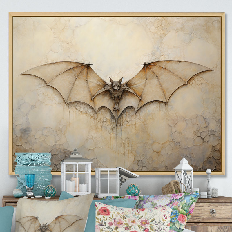 Minimalisme chauve-souris avec ailes ouvertes sur toile, Cadre naturel flottant, H 12 po x l 20 po x P 1 po