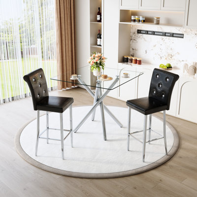 Black Pu Leather Bar Chairs And Modern Glass Table, Contemporary Counter Height Pub Table With Legs, Of 2 For Home Bar, Build, Versatile Functionality Fixed-height Stools 2, Kitchen Island, Space