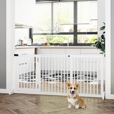 Wooden Pet Gate By . Adjustable 44.5" - 65.3". Freestanding With 3 Panels, Lockable Door, Barrier. White. For Hall, Doorway, Staircase White Gate. Bar. Doorways, Halls, Entryways. Fence