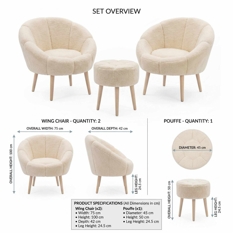 Ensemble de fauteuil à oreilles et pouf (3 pièces), Cream Polyester Blend