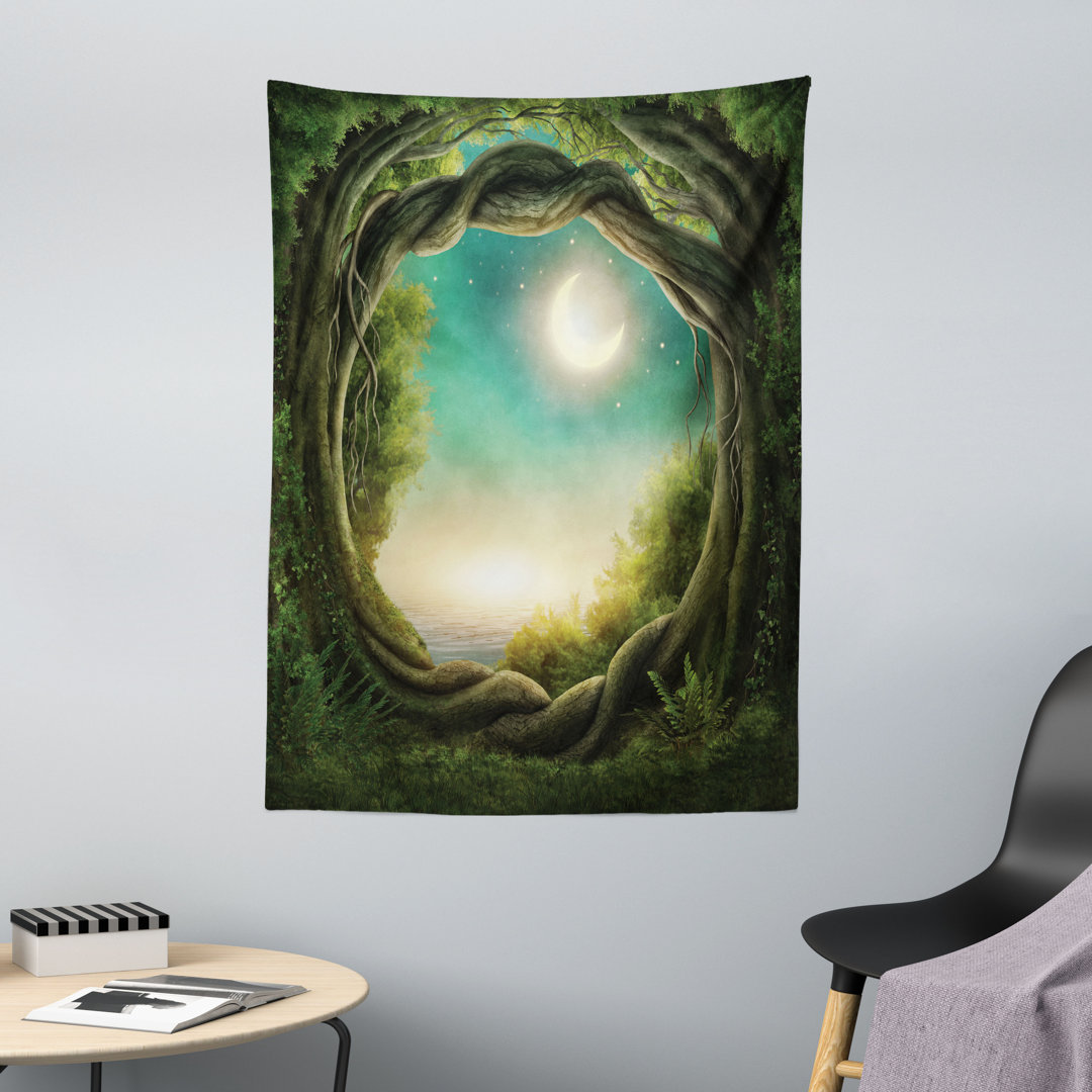 Wandteppich, mystischer Baum, Wald, Teal Grün und Creme