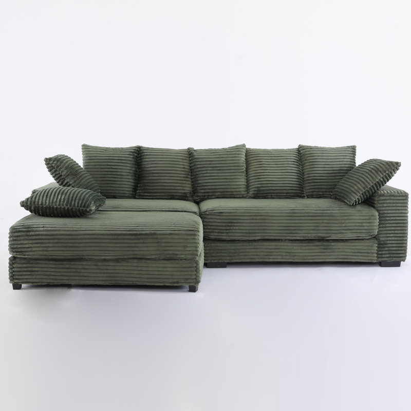 Canapé modulaire en L vert avec repose-pieds en velours côtelé