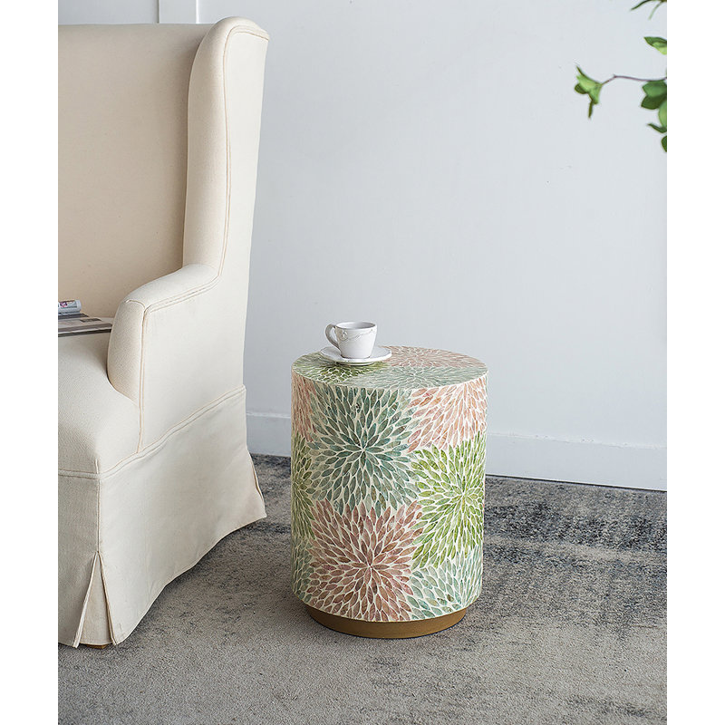 Tabouret de jardin cylindrique avec table d'appoint D14 x 18 po vert / rose