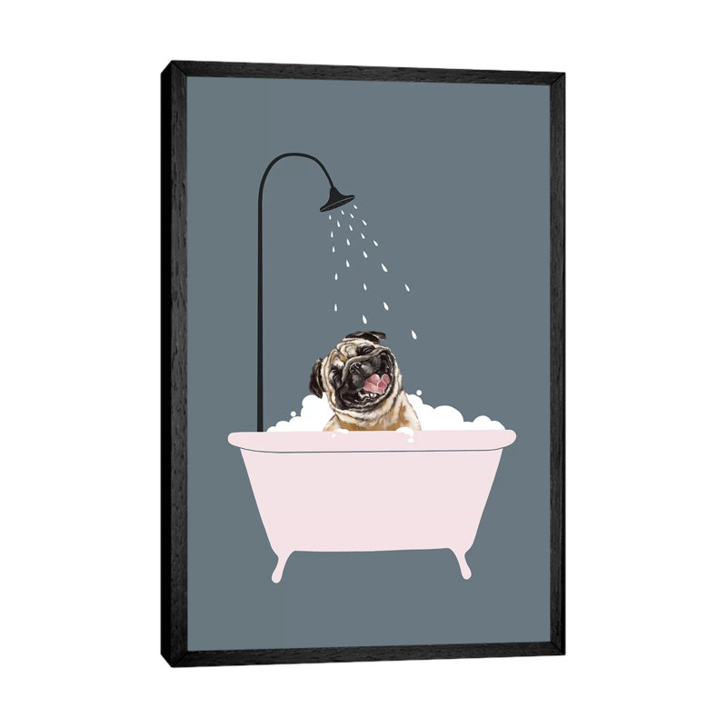 Laughing Pug Enjoying Bubble Bath by Big Nose Work - Single Picture Frame Print on Canvas, Black Framed