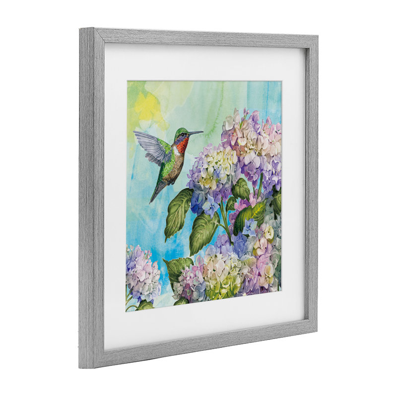 Colibri et hortensias, impression encadrée sous verre, design par Tim Coffey, Cadre de ferme gris, H 16 po x l 16 po