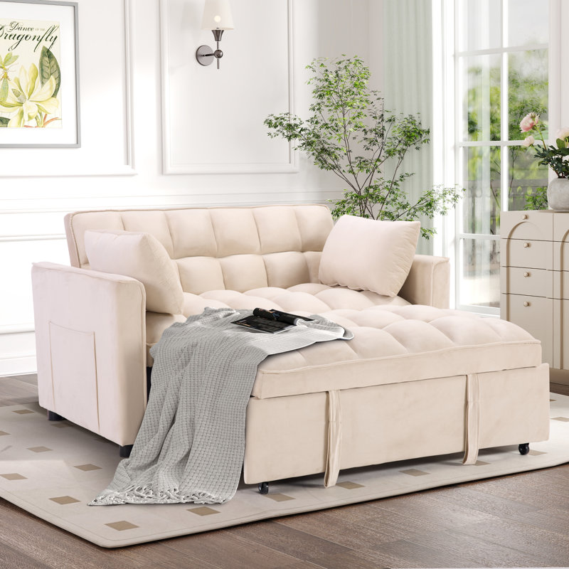 Canapé-lit rembourré capitonné de 55,2 po de largeur avec deux coussins décoratifs, Blanc