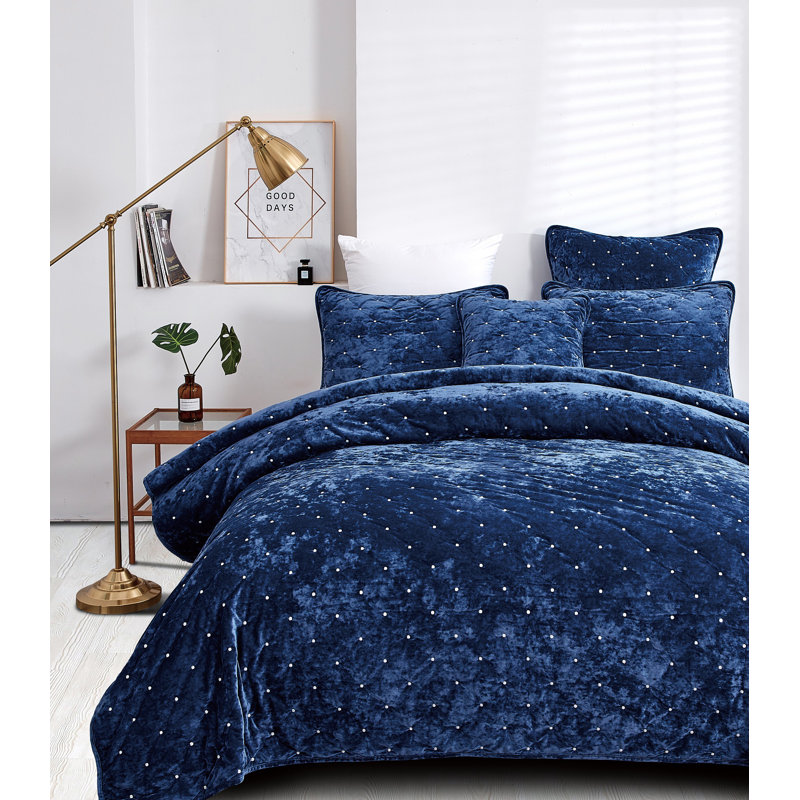 Ensemble de courtepointe Velvety Dreams, Courtepointe très grand + 2 couvre-oreillers stan, Bleu foncé