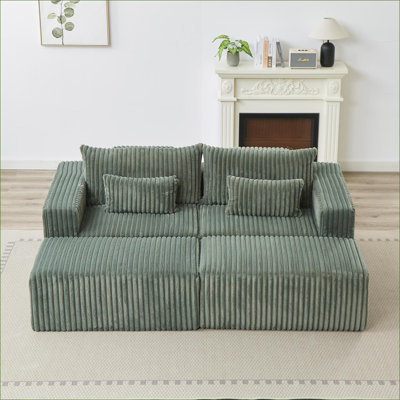 Canapés modulaires | Surdimensionné 87 pouces, moelleux, sans assemblage, 2 tabourets de pieds amovibles, pour chambre à coucher de salon | Velours côtelé | Vert armée