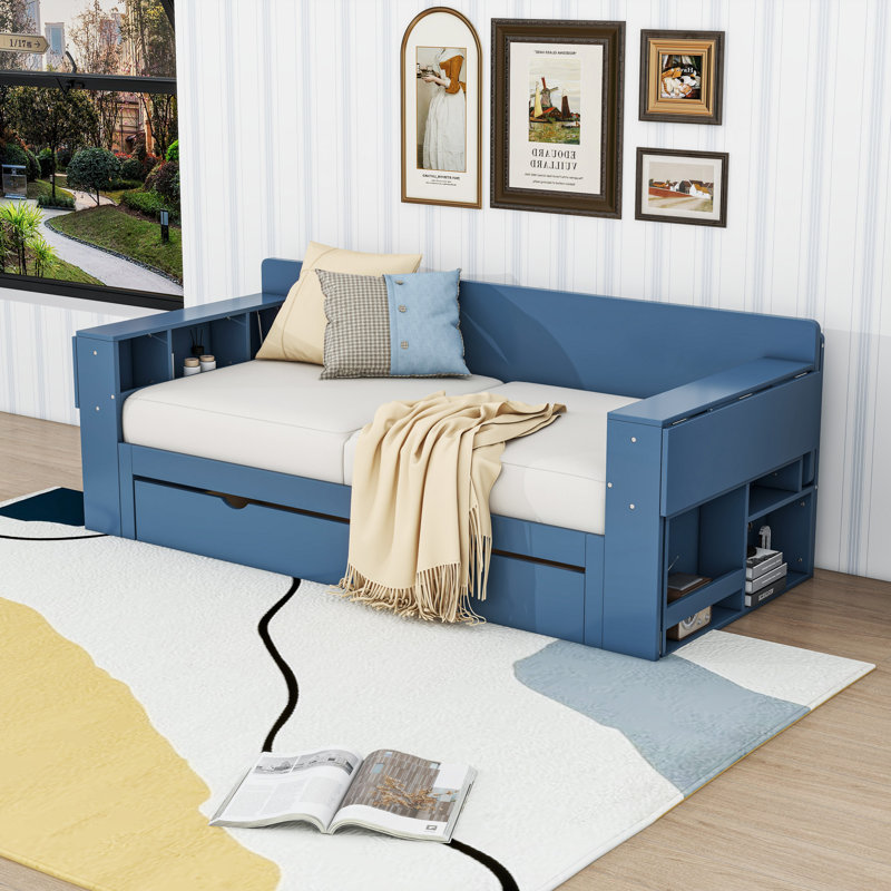 Two Drawers Wooden Daybed with Desk, Shelves and Slats, Blue, Queen