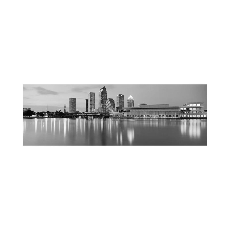Tampa Panoramic Skyline Cityscape (Black & White - Dusk) 1 Piece Wrapped Canvas Panoramic Wall Art