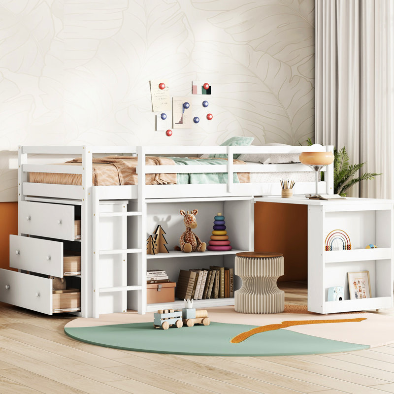Lit mezzanine simple en bois d'hévéa blanc avec rangement spacieux et rangement pour bureau, finition, construction, Blanc