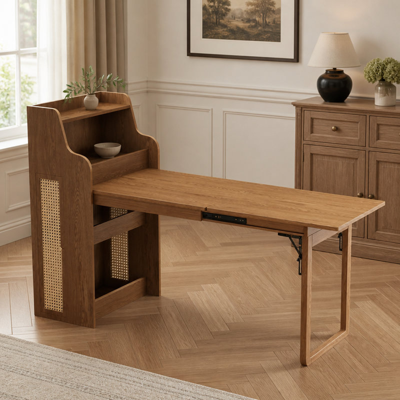 Ensemble de table et de chaises de salle à manger escamotables en rotin avec chargement USB, idéal pour optimiser l'espace et offrir une utilisation multifonctionnelle dans les maisons modernes.