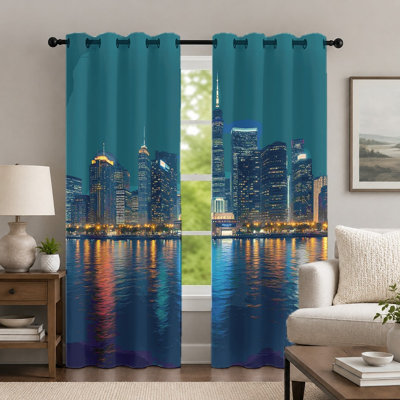 2Pcs City Night View Curtains, Urban Skyline Design Window Drapes, Modern Architectural Landscape Printed Art Grommet Panels, Window Treatment for Bedroom Living Room Decor