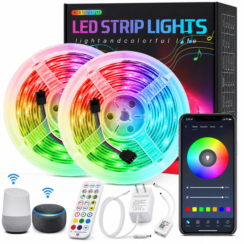 Ruban lumineux à DEL intelligent 32,8 pi Wi-Fi RVB avec télécommande et contrôle d'application, réglable pour un éclairage personnalisé, ambiance multicolore