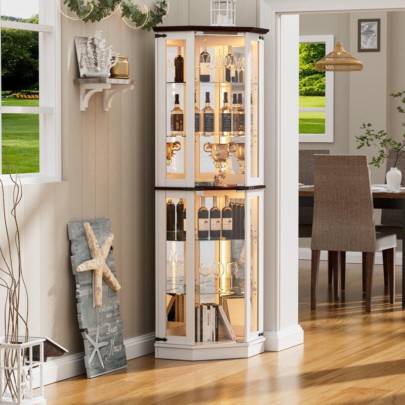 71'' Farmhouse Display Corner Curio Cabinet With Led Lights,tempered Glass Doors And 6 Shelves