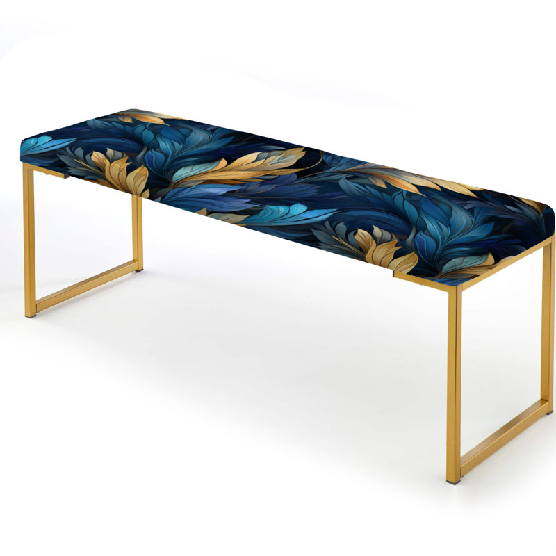 Chevron Upholstered Gold Bench, Sapphire Blue Dove Feathers